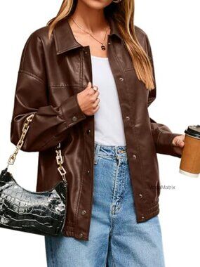 Women's Faux Leather Jacket Loose Fit Motorcycle Bomber Coat Fall Winter